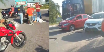 Vídeo: Acidente entre moto e carreta deixa casal f3rid0 e j0gad0 na Zona Leste de Manaus