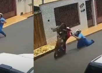 Vídeo: motoqueiro empina, escorrega e se estatela na rua Sebastião Veríssimo