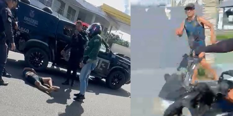 Vídeo: viatura da polícia derruba suspeit0 de assalt0 durante perseguição alucinante em Manaus