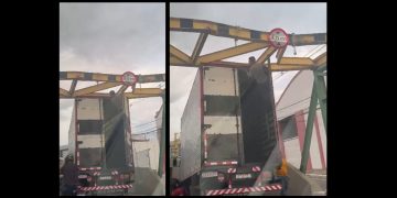 Vídeo: caminhão fica “entalado” no limitador de altura da João Valério