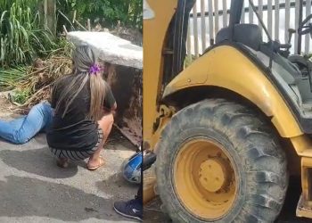 Vídeo: motoqueira bate em trator em Manaus, mas passa bem