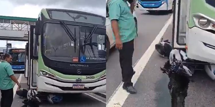 Vídeo: moto vai parar embaixo de ônibus em plena avenida Constantino Nery