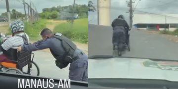 Vídeo mostra PM ajudando cadeirante em Manaus e gesto recebe elogios