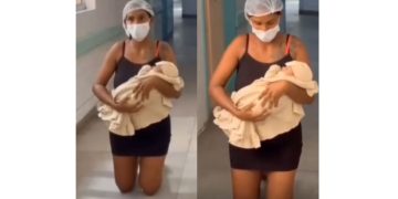 Mãe cumpre promessa e sai de joelhos com filho após alta hospitalar