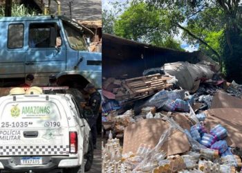 Caminhão tomba na ladeira e espalha mercadoria na Zona Sul de Manaus