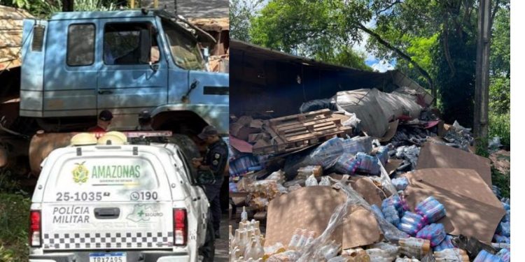 Vídeo: caminhão tomba na ladeira e espalha mercadoria na Zona Sul de Manaus