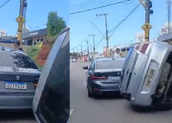Vídeo: motorista perde o controle e carro fica tombado em plena Pedro Teixeira