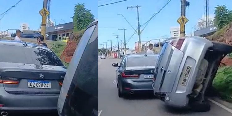 Vídeo: motorista perde o controle e carro fica tombado em plena Pedro Teixeira