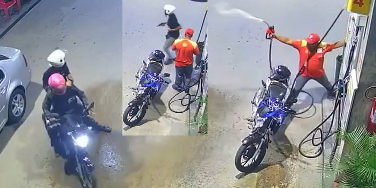Vídeo: bandid0 saca rev0lver e frentista saca a mangueira durante assalto a posto