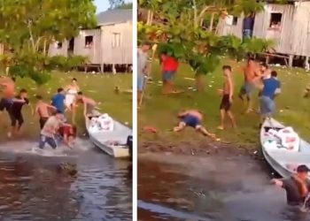Vídeo mostra homens brigand0 e se af0gando no interior do Amazonas