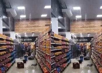 Vídeo: supermercado Vitória se transforma em cachoeira durante chuva em Manaus