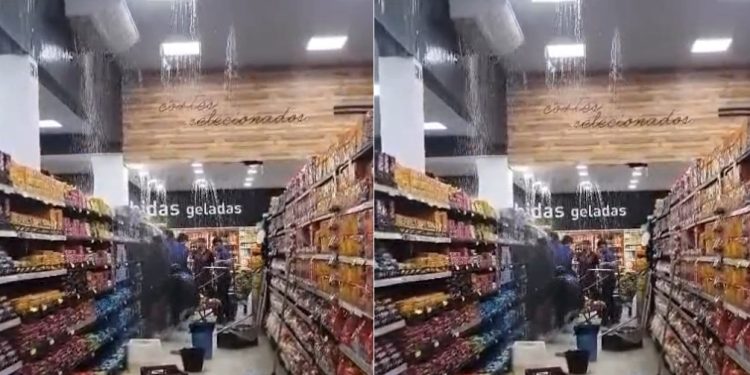 Vídeo: supermercado Vitória se transforma em cachoeira durante chuva em Manaus
