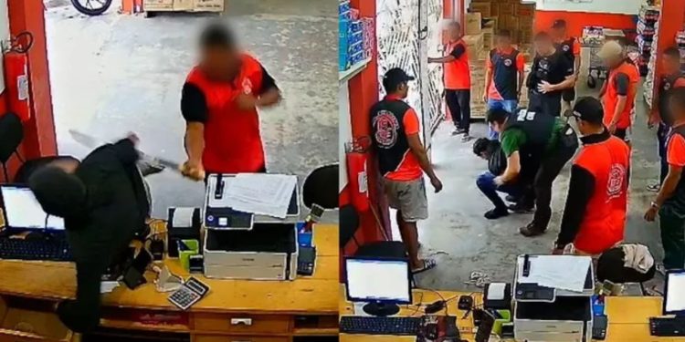 Vídeo: Funcionários pegam terçado e quase deixam assaltante sem o braço