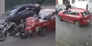 Ao ver a esposa sendo assaltada, marido pisa no acelerador e atropela bandido; veja
