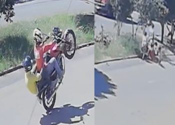 Motociclista perde controle durante “grau” e atinge grávida e crianças; veja