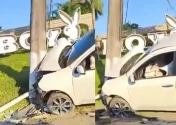 Vídeo: carro acerta poste na Torquato Tapajós na manhã deste sábado