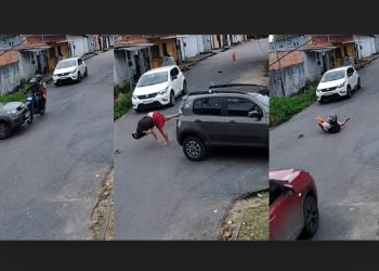Câmera registra momento em que veículo acerta moto e joga dupla no chão em Manaus