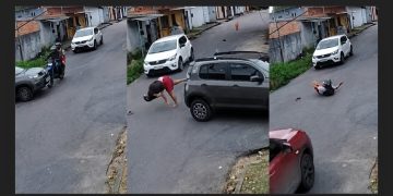 Câmera registra momento em que veículo acerta moto e joga dupla no chão em Manaus