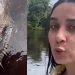 Influencer grava temido jacaré “Jason’ no Rio Negro embaixo de flutuante: ‘bora tomar banho?’