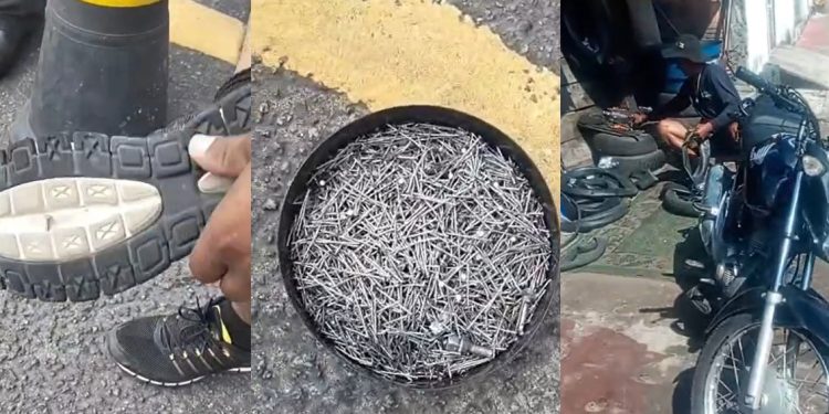Vídeos: carga de pregos cai na rua e inferniza vida de motoqueiros em Manaus: ‘tiramos três baldes’