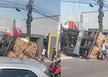 Vídeo: carreta tomba na Grande Circular após atravessar contramão em Manaus