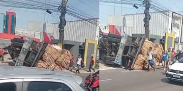 Vídeo: carreta tomba na Grande Circular após atravessar contramão em Manaus