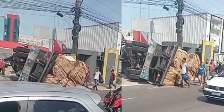 Vídeo: carreta tomba na Grande Circular após atravessar contramão em Manaus
