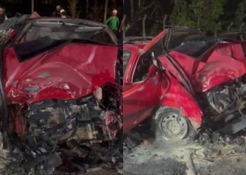 Vídeo: Carro bate na lateral de carreta, pega fogo e deixa três pessoas feridas na AM-010