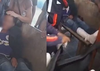 Ônibus da linha 093 passa sobre pé de estudante dentro do T5