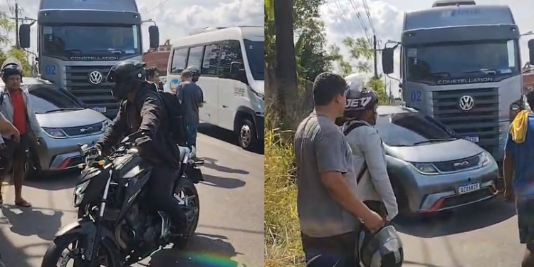 Vídeo: Carreta atinge carro com família na Autaz Mirim e ocupantes escapam ilesos apesar do susto