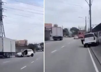 Vídeo: motorista de caminhão faz carro rodar na rua durante briga de trânsito