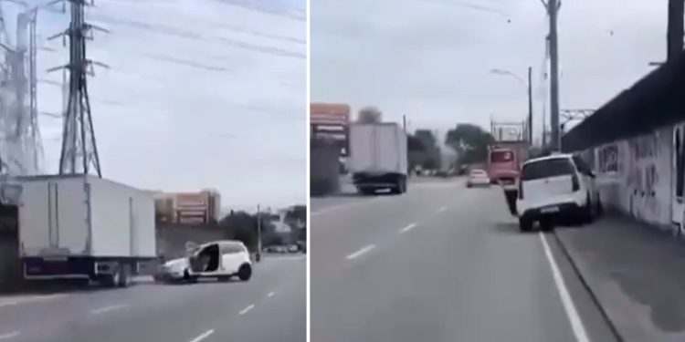 Vídeo: motorista de caminhão faz carro rodar na rua durante briga de trânsito