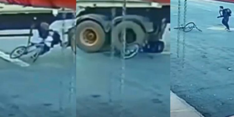 Veja momento em que jovem de 12 anos é atr0pelado por caminhão e se levanta sozinho