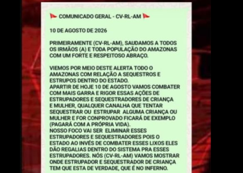 ‘Salve’ atribuído ao C0mand0 V3rm3lho am3aça s3qu3stradores e 3stuprad0res no Amazonas
