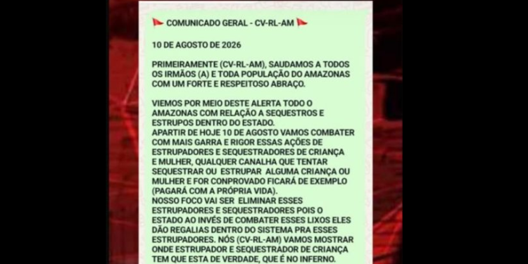 ‘Salve’ atribuído ao C0mand0 V3rm3lho am3aça s3qu3stradores e 3stuprad0res no Amazonas