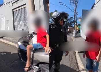 ‘Vai ap@nhar de c1nta pra aprender’: PM dá br0nca em garoto de 14 anos flagrado pilotando moto; veja