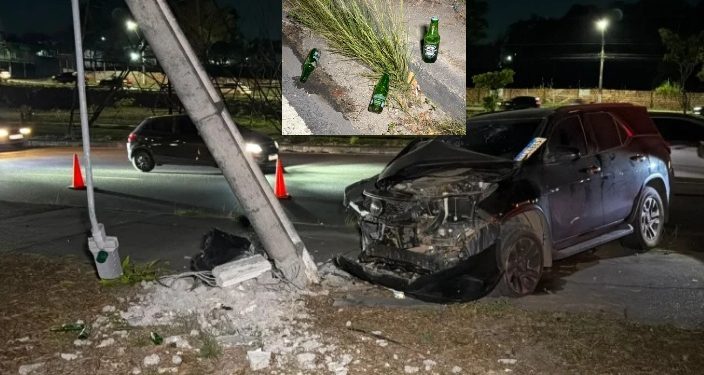 Condutor tranca carro e some após destruir poste com SW4 que levava cerveja em Manaus