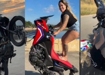 Vídeo mostra momento em que blogueira esfrega o fi0fó no chão tentando dar grau na moto