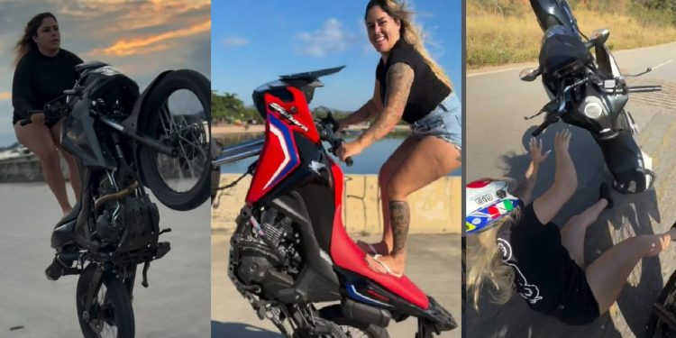 Vídeo mostra momento em que blogueira esfrega o fi0fó no chão tentando dar grau na moto
