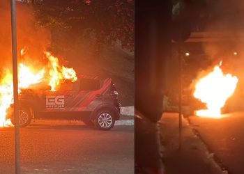 Fogo toma conta de carro de repórter durante a noite em Manaus