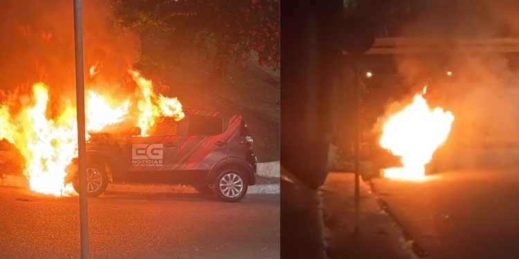 Fogo toma conta de carro de repórter durante a noite em Manaus