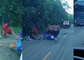 Vídeo: veículo cap0ta na BR-174 e deixa cinco ferid0s caídos no asfalto à beira da estrada
