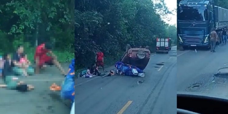 Vídeo: veículo cap0ta na BR-174 e deixa cinco ferid0s caídos no asfalto à beira da estrada