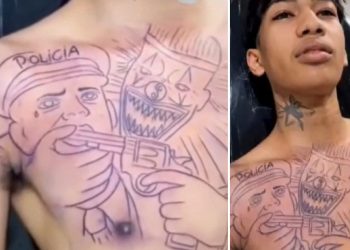 Vídeo: jovem desafia a PM e tatua palhaço com pist0la na boca de policial: ‘tá carente’ 