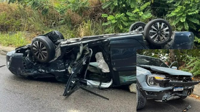Motorista acerta picape ao avançar preferencial e acaba retirado do carro por bombeiros em Manaus