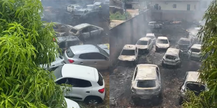 Vídeo: Fumaça preta e tóxica é gerada após 20 carros serem queimad0s em incêndio em Manaus