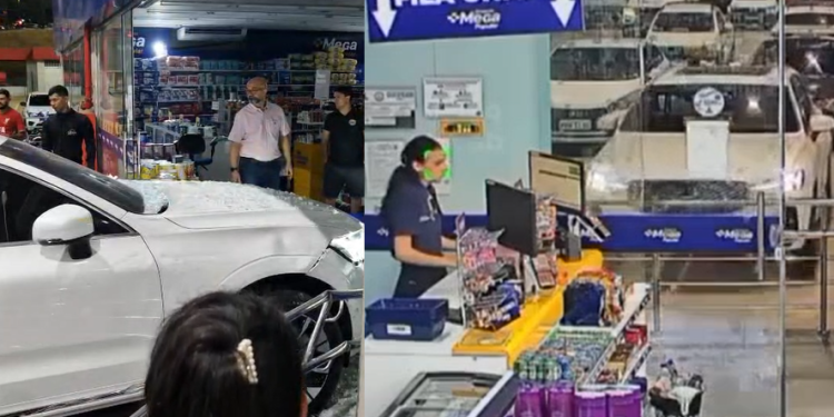 Vídeos: Carro desg0vernad0 qu3bra tudo ao invadir drogaria dentro de supermercado em Manaus