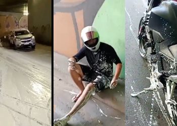 Vídeo: asfalto é coberto de tinta no Complexo Viário Rei Pelé e derruba motoqueiro