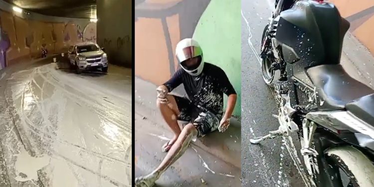 Vídeo: asfalto é coberto de tinta no Complexo Viário Rei Pelé e derruba motoqueiro