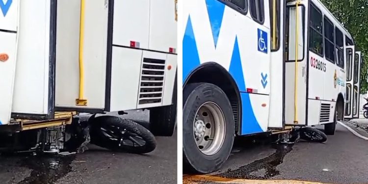 Vídeo: moto e motociclista vão parar embaixo do ônibus em Manaus